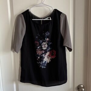 Kimchi Blue Black Floral Front Blouse with Gray Sleeves size M
